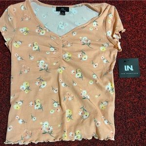 pink flowered stretchy tee shirt